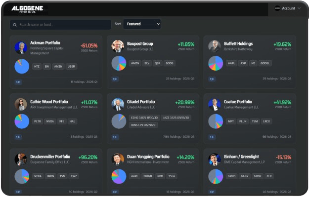 ALGOGENE Smart Money Insights — 13F hedge fund portfolios, congressional trades, and holdings vs SPY